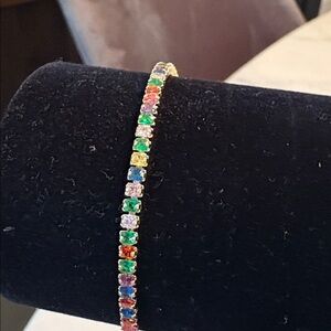 New Tennis Bracelet Yellow Gold Plated Faux Multi Colored Diamonds 7” #187